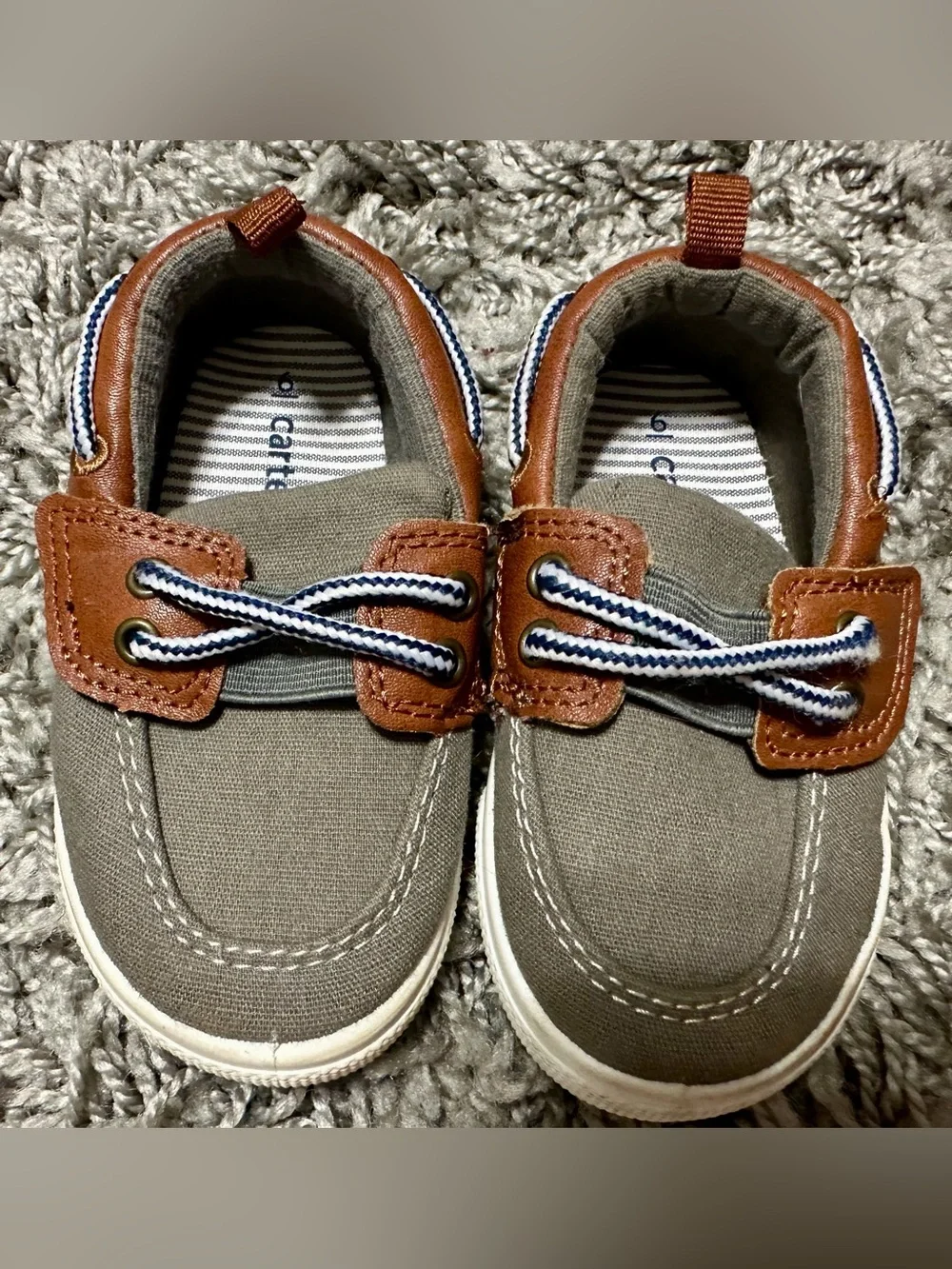 Carter's Olive Canvas Boat Sneakers with Brown Trim and Navy-Striped Laces